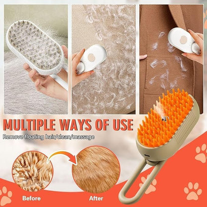 3-in-1 Steam Brush with Handle for Dogs and Cats | Silicone Massage & Grooming Comb